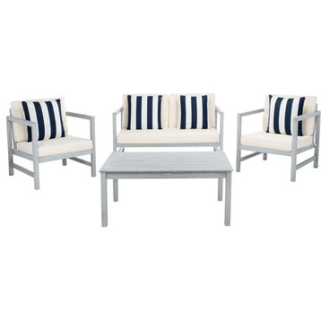 4 Pieces Patio Set, Rectangular Coffee table and Cushioned Chairs, Grey/White