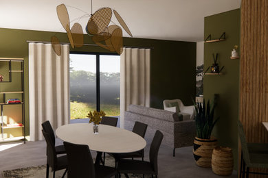 Cette image montre une salle de séjour minimaliste avec un mur vert, un sol en carrelage de céramique, un sol gris et du papier peint.