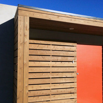 slatted cedar at midcentury courtyard entry