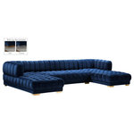 Meridian Furniture - Gwen Biscuit Tufted Velvet Upholstered 3 Piece Sectional, Navy - Settle in for family game night atop this Gwen velvet sectional that's upholstered with soft navy velvet material. This 3-piece sectional has a lot to offer, with its deep seating and extra wide design that gives you oodles of room to move around and get comfy. The tufted design of the arms, back, and seats adds to their durability and soft, welcoming touch. The sectional comes with two sets of legs in both gold and chrome to mesh nicely with other elements in your room.