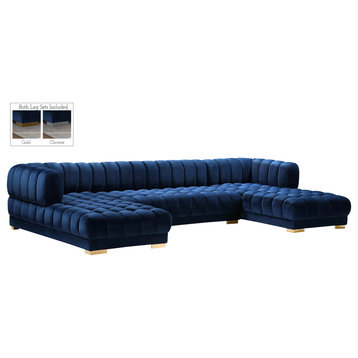 Gwen Biscuit Tufted Velvet Upholstered 3 Piece Sectional, Navy