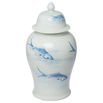 19" Ginger Jar, Lidded, Painted Blue Koi Fish Over White Porcelain