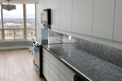 Example of a mid-sized minimalist galley vinyl floor enclosed kitchen design in Toronto with an undermount sink, flat-panel cabinets, white cabinets, granite countertops, black backsplash, stainless steel appliances, no island and black countertops