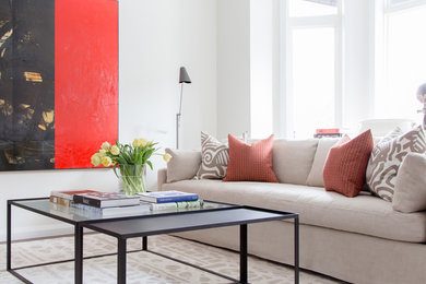 Mid-sized transitional formal and open concept carpeted living room photo in Toronto with white walls and no tv