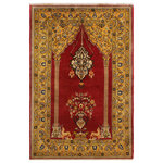 Bareens Designer Rugs - Antique 1950s Authentic Qum Vintage Wool Rug - Enjoy the uniqueness of this authentic one-of-a-kind antique Qum rug, hand-knotted by skillful weavers in Iran. This beautiful one of a kind antique Qum rug, featuring an exclusive design of a prayer rug, is made with all vegetable dyes and hand spun wool in 1950s. Featuring an intricate design in a beautiful vibrant color pallet of red, gold, blue, brown, beige and greens this masterpiece is a magnificent addition to any decor.