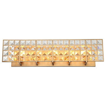 Modern 34 in. 5-Light Gold Wall Sconce Vanity Light with Rectangle Crystal Shade