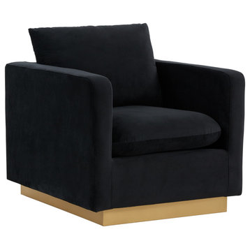 LeisureMod Nervo Modern Velvet Accent Arm Chair With Gold Base, Midnight Black