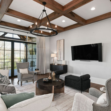 Luxury Modern Farmhouse Lower Level with Stone Fireplaces & Pool Views