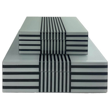 Wood, Set of 2 8/11" Striped Boxes, Black/White