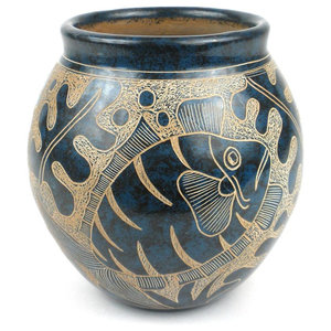 Blue Crackle Finish Ceramic Koi Fish Flower Vase Beach Style