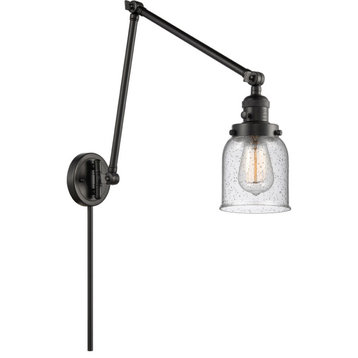 Small Bell 1 Light Swing Arm or Wall Lamp, Matte Black, Seedy Glass