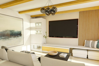 Idée de décoration pour une grande salle de séjour design ouverte avec un bar de salon, un mur beige, parquet clair, un téléviseur fixé au mur, un sol beige, poutres apparentes, du lambris de bois et éclairage.