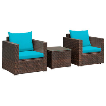 Costway 3PCS Patio Rattan Furniture Set Conversation Sofa Cushioned Turquoise