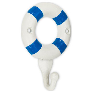 Blue and White Life Preserver Single Wall Hook Painted Cast Iron