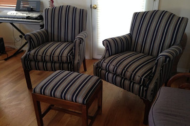 Denim Blue Striped Matching Chairs and Ottoman