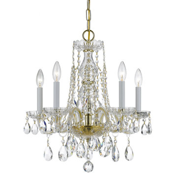 Traditional Crystal 5 Light Mini Chandelier, Polished Brass, Clear Hand Cut, 18"