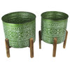 Set of 2 Native Geometric Pattern Stamped Metal Planters With Wooden Stands
