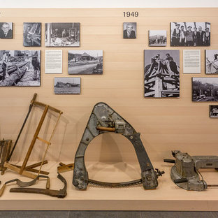 シュトゥットガルトの中サイズのコンテンポラリースタイルのおしゃれな地下室 (全地下、白い壁、塗装フローリング、ベージュの床) の写真