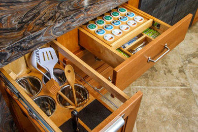 Example of a trendy wet bar design in Other with an undermount sink, flat-panel cabinets, medium tone wood cabinets, solid surface countertops, gray backsplash and wood backsplash