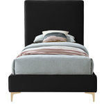 Meridian Furniture - Geri Velvet Upholstered Bed, Black, Twin - Provide yourself with a few options when you choose the sleek Geri black velvet twin size bed. The headboard, side rails and footboard are all cushioned and upholstered, with snazzy decorative piping on the headboard and footboard. This bed comes with two different sets of legs so you can match your other decor. Use the gold ones, the chrome ones, or two of each color for a truly contemporary approach.