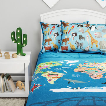 World Map 3 Piece Quilt Set-Twin XL Bedding & 2 Pillow Shams