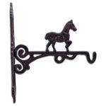 Import Wholesales - Rustic Horse Cast Iron Plant Hanger Hook, 10.375" Deep - This Rustic Horse Plant Hanger is 10.375" Deep and made of cast iron. The flower basket hanger is distressed brown and features a horse standing on top with one leg raised. The hook at the end is perfect for hanging flower baskets, windchimes or even bird feeders. Features pre-drilled holes for easy mounting.