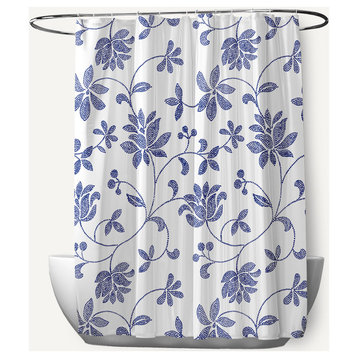 70"Wx73"L Traditional Floral Shower Curtain, Porcelain Blue