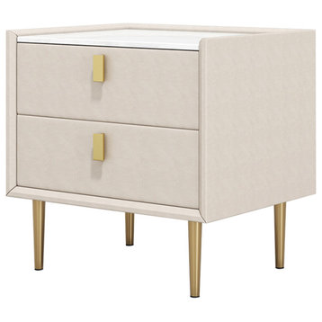 2 Drawers Nightstand PU Leather Bedside Table Nightstand with Gold Metal Legs