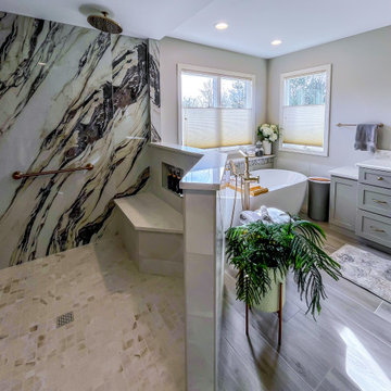 Master Bath with Refaced Vanity and Full Height Porcelain Tile Shower Walls