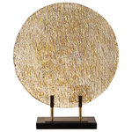 Uttermost - Layan Charger - Clear, rippled art glass charger featuring a subtle crosshatch texture on the reverse with bright gold accents displayed on a bronze, steel stand with black marble base.