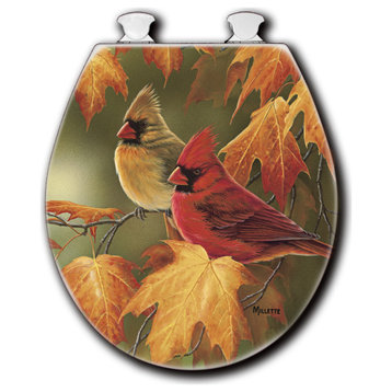 White Toilet Seat, Maple Leaves and Cardinals, Round