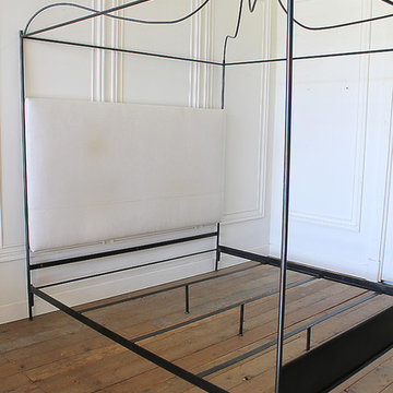 King Size Venetian Iron Canopy Bed with Upholstered Antique Linen Headboard