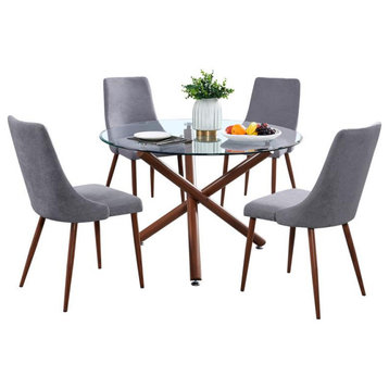 5pc Circular Clear Glass Dining Table Set with Gray Fabric Chairs