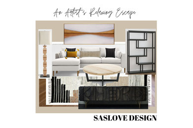 Inspiration for a mid-sized contemporary enclosed medium tone wood floor and brown floor living room remodel in Ottawa with beige walls, no fireplace and a wall-mounted tv