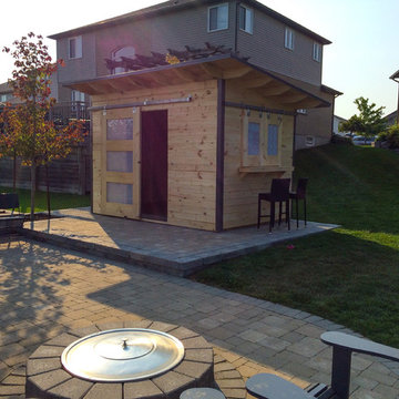 Modern Bar Shed with Sliding Barn door an siding Windows
