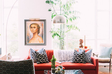 Living room - large eclectic living room idea in San Francisco with white walls