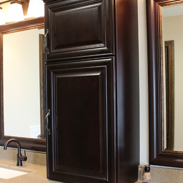 Farmhouse kitchen Taupe Painted Cabinets,Quartz Tops, and Dark Island