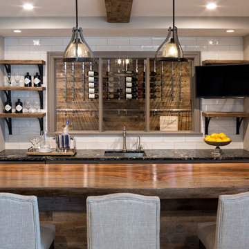 Reclaimed Wood Bar Top and Wine Rack Paneling in Home Bar