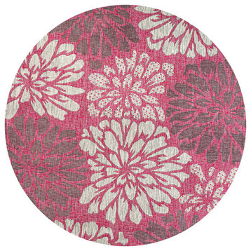 Zinnia Modern Floral Textured Weave Indoor/Outdoor, Fuchsia/Light Gray, 5' Round