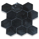 Stone Center Online - Nero Marquina Black Marble 4 inch Hexagon Mosaic Tile Polished, 1 sheet - Nero Marquina Marble 4" (from point to point) hexagon pieces mounted on a sturdy mesh tile sheet