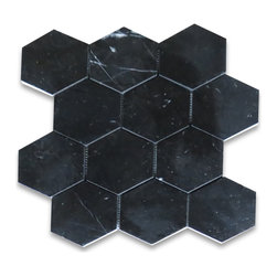Stone Center Online - Nero Marquina Black Marble 4 inch Hexagon Mosaic Tile Polished, 1 sheet - Wall And Floor Tile