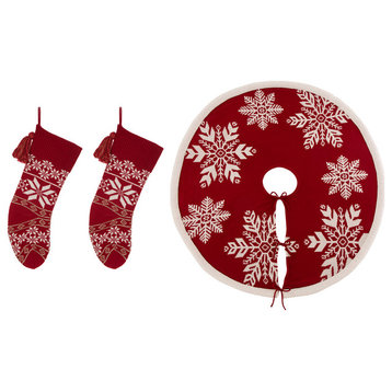 3-Piece Knitted Acrylic Christmas Decoration, Stocking and Tree Skirt, Snowflake