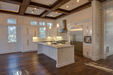 Inspiration for a mid-sized transitional l-shaped dark wood floor open concept kitchen remodel in Miami with a single-bowl sink, recessed-panel cabinets, white cabinets, white backsplash, stainless steel appliances, an island, marble countertops and stone tile backsplash