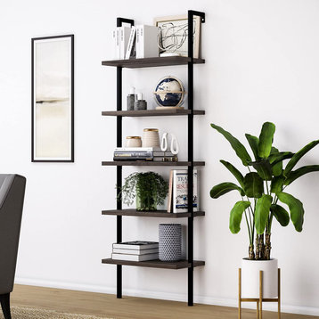 Modern 5-Shelf Wood Open Wall Mount Ladder Bookshelf with Industrial Metal Frame