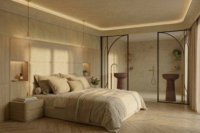 Idée de décoration pour une grande chambre parentale design avec un mur beige, parquet clair, aucune cheminée et un sol beige.