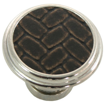 1 1/8" Churchill Round Knob- Polished Nickel/Brown Leather Insert