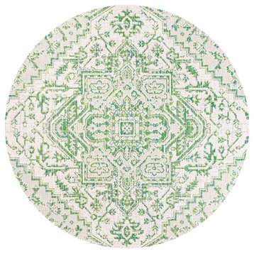 Estrella Bohemian Medallion Textured Weave Indoor/Outdoor, Green/Cream, 5' Round