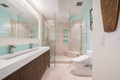 Example of a mid-sized island style master double-sink bathroom design in San Francisco with medium tone wood cabinets, white countertops and a freestanding vanity