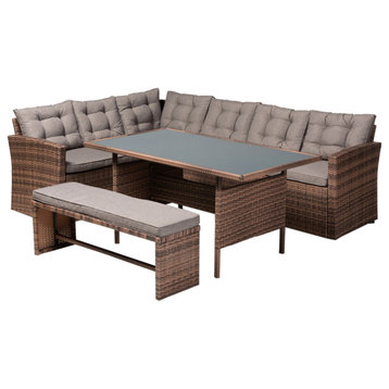 Evie Brown Rattan Outdoor Patio Sectional Sofa Set With Light Gray Cushions
