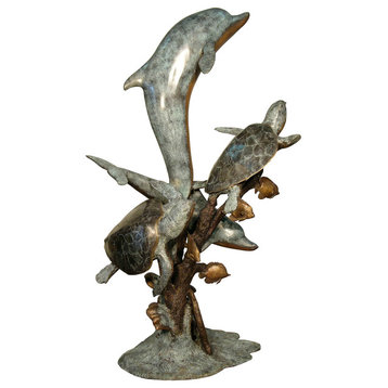 Dolphins And Two Sea Turtles Swimming Bronze Sculpture